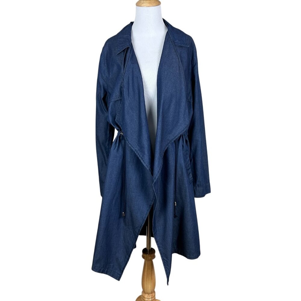 Draped Duster Jacket Womens Large Blue Chambray Open Front Cinched 1 Sunset Lane